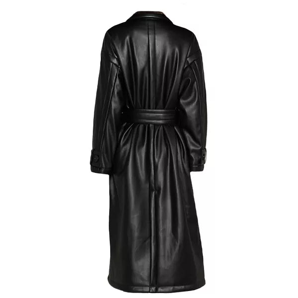 Womens Black Leather Trench Coat Double Breasted