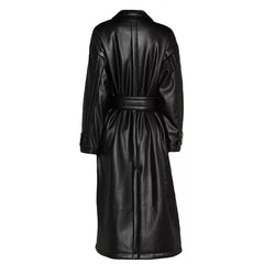 Womens Black Leather Trench Coat Double Breasted