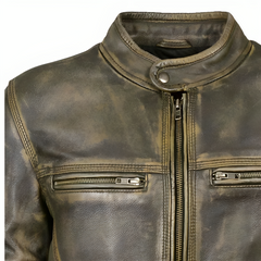 Mens Brown Cafe Racer Genuine Distressed Triple Stitch Leather Jacket