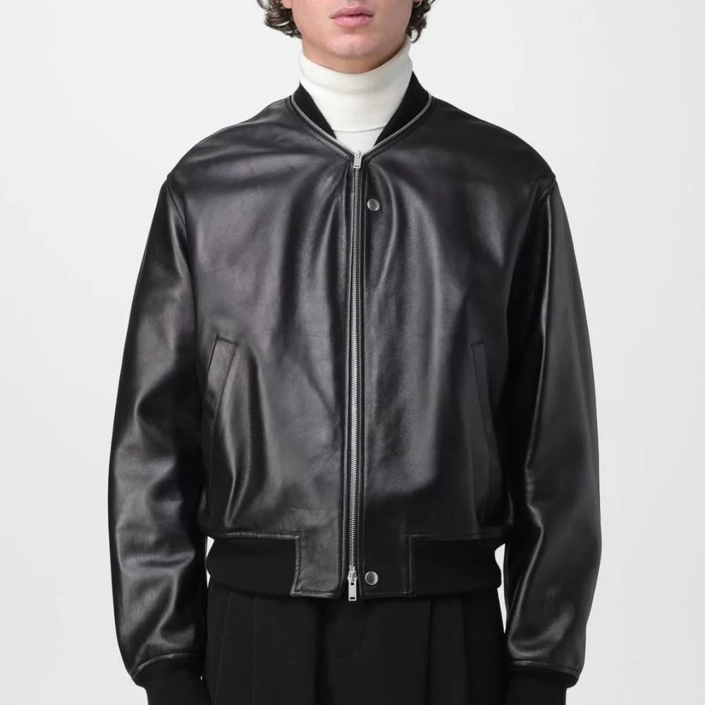 Zip Up Black Leather Bomber Jacket Mens