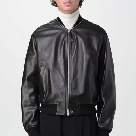 Zip Up Black Leather Bomber Jacket Mens