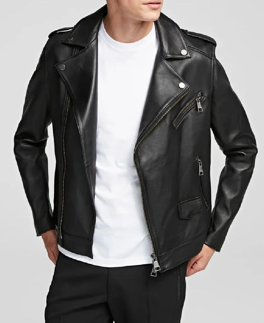 Andrew Asymmetrical Double Breasted Motorcycle Jacket | Black Quilted Leather Jacket