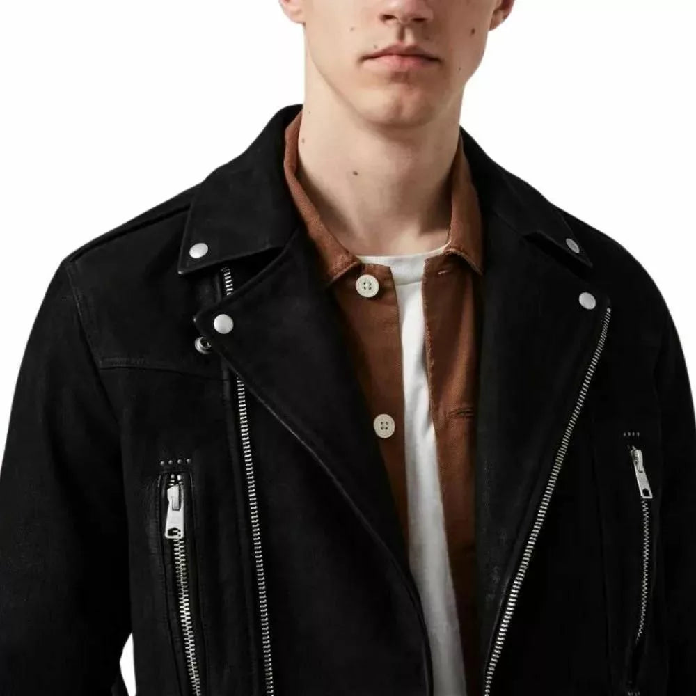 Mens Black Leather Suede Biker Jacket