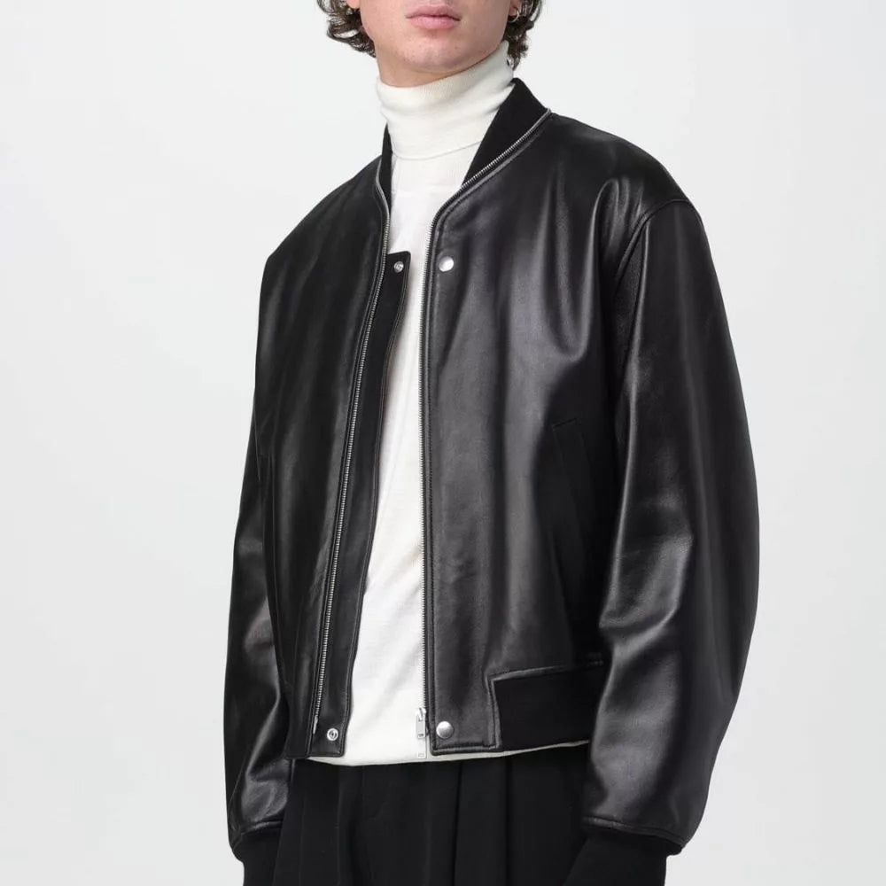Zip Up Black Leather Bomber Jacket Mens