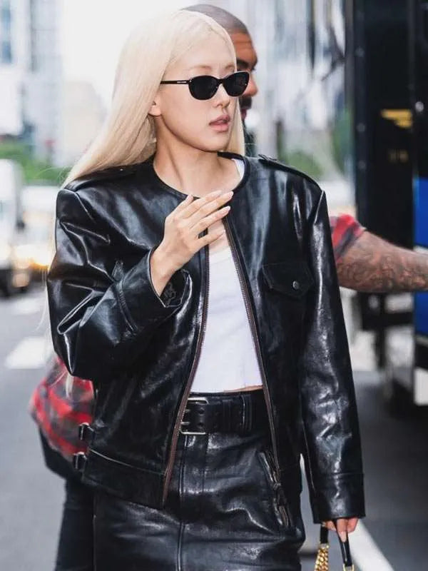 NYC 2026 Rosé Black Leather Jacket
