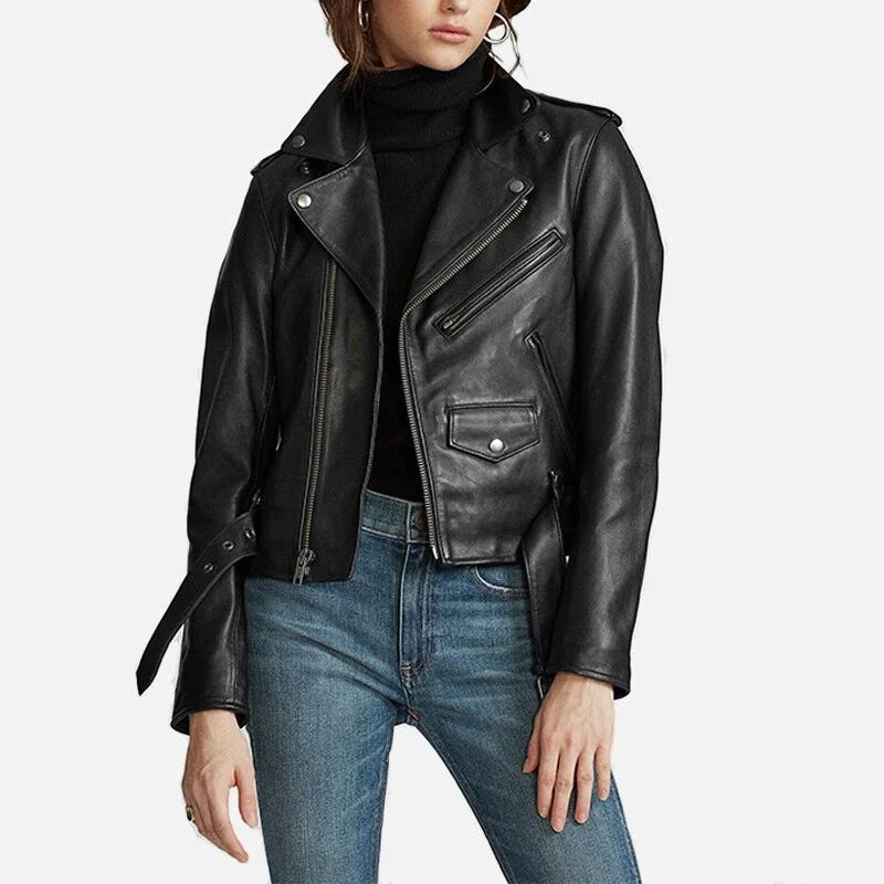 Cowhide Leather Jacket for Women | Black Leather Biker Jacket