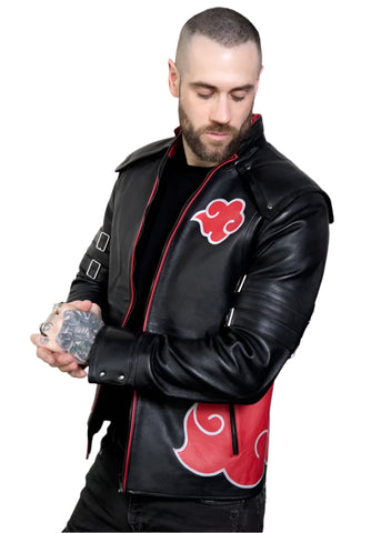 Mens Red Clouds Cloak Black Leather Jacket