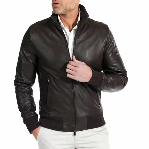 Chocolate Brown Leather Bomber Jacket for Men