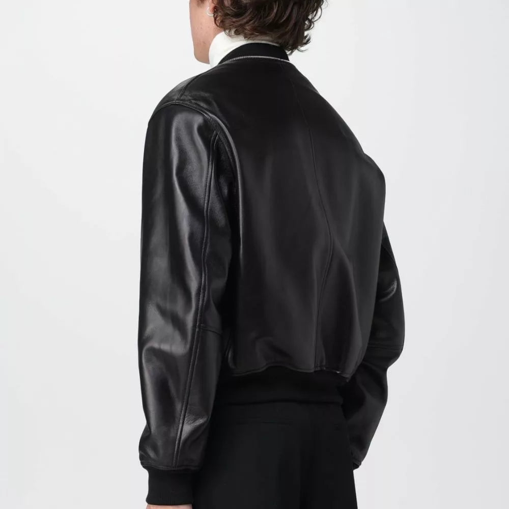 Zip Up Black Leather Bomber Jacket Mens