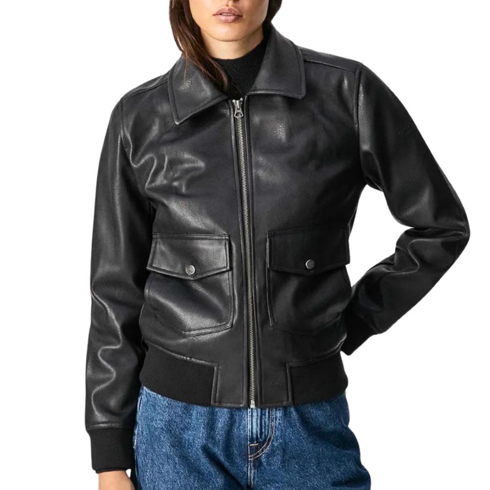 Womens Classic Collared Black Bomber Leather Jacket