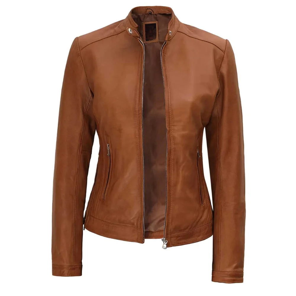 Women Brown Biker Leather Jacket | Cafe Racer Leather Jacket