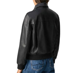Womens Classic Collared Black Bomber Leather Jacket