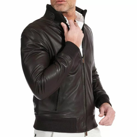 Chocolate Brown Leather Bomber Jacket for Men