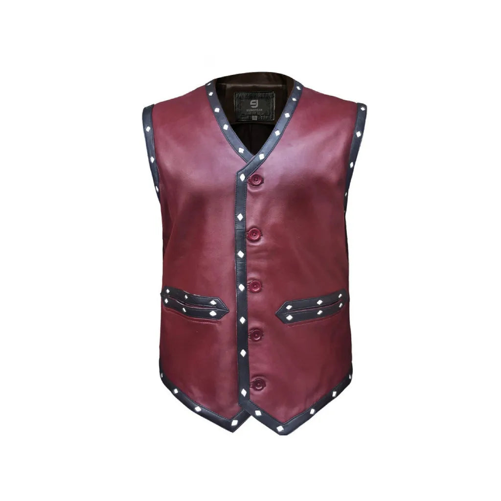 Mens The Warriors Embroided James Remar Maroon Leather Vest