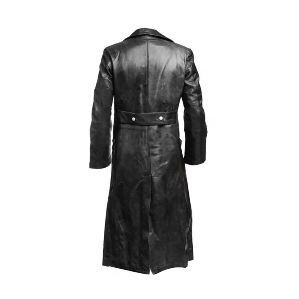 Men's Military Officer Black Leather Long Trench Coat