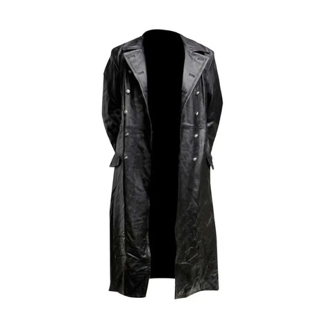 Men's Military Officer Black Leather Long Trench Coat