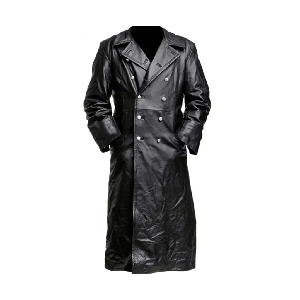 Men's Military Officer Black Leather Long Trench Coat