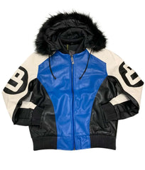 Men's 8 Ball Logo Blue And White Fur Hooded Leather Jacket