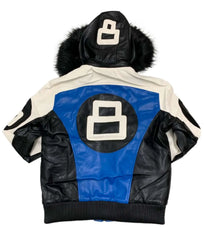 Men's 8 Ball Logo Blue And White Fur Hooded Leather Jacket