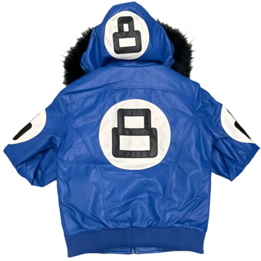 8 Ball Logo Fur Hooded Sheepskin Blue Men’s Jacket