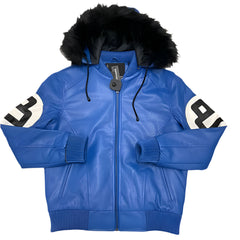 Fur Hooded Blue 8 Ball Bomber Jacket​