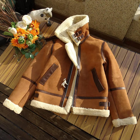 Sheepskin Pilot Jacket | B3 Fur Hooded Whiskey Art Jacket