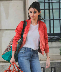 A Rainy day in New York Selena Gomez Red Bomber Jacket