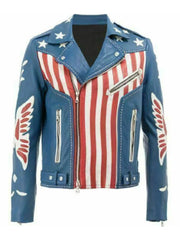 American Flag Blue Balmain Leather Jacket