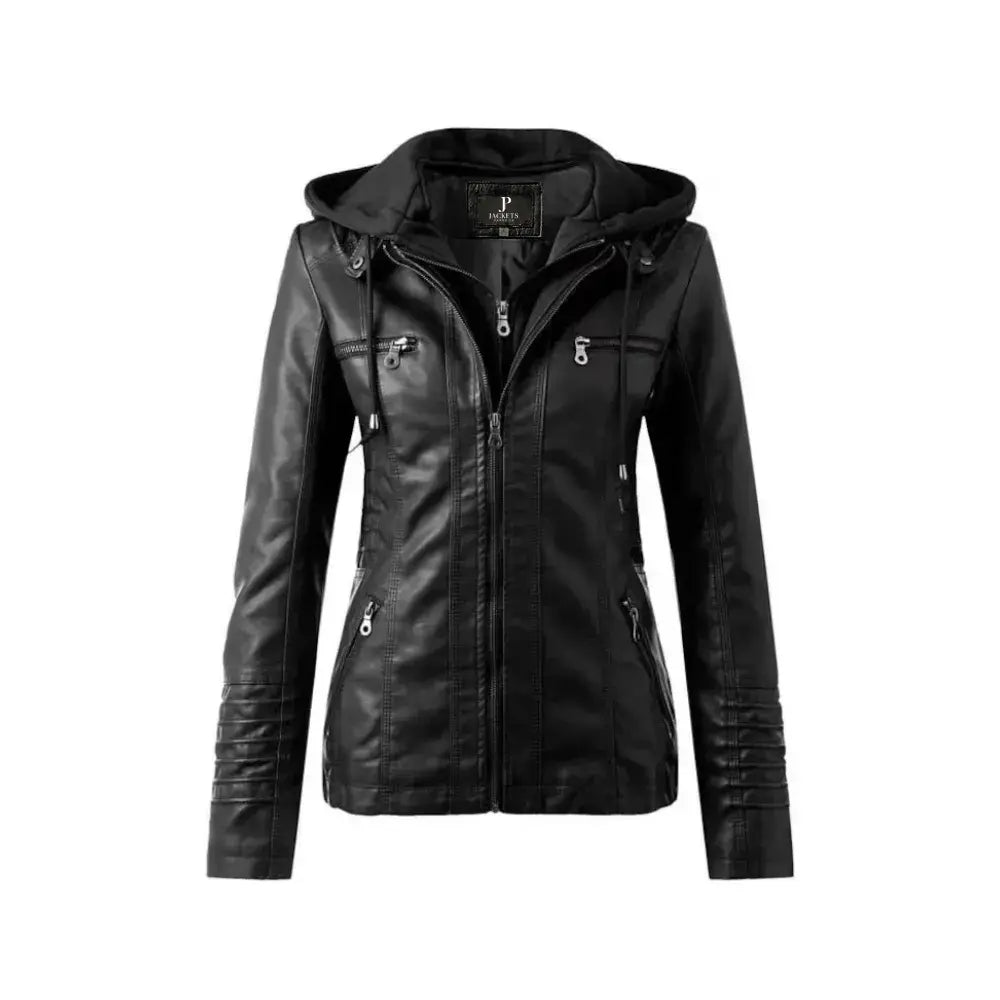 Women Black Biker Detachable Hood Leather Jacket