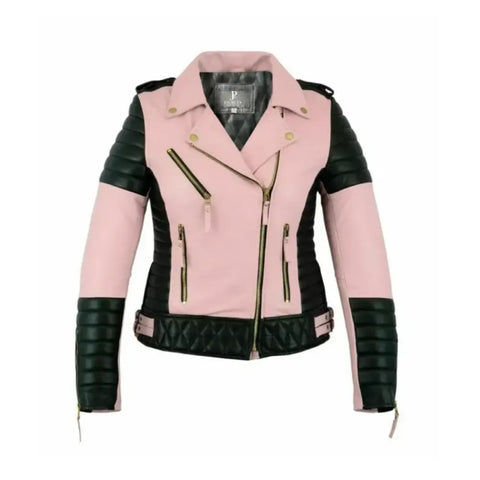 Women's Biker Style Pink Motorbike Leather Jacket