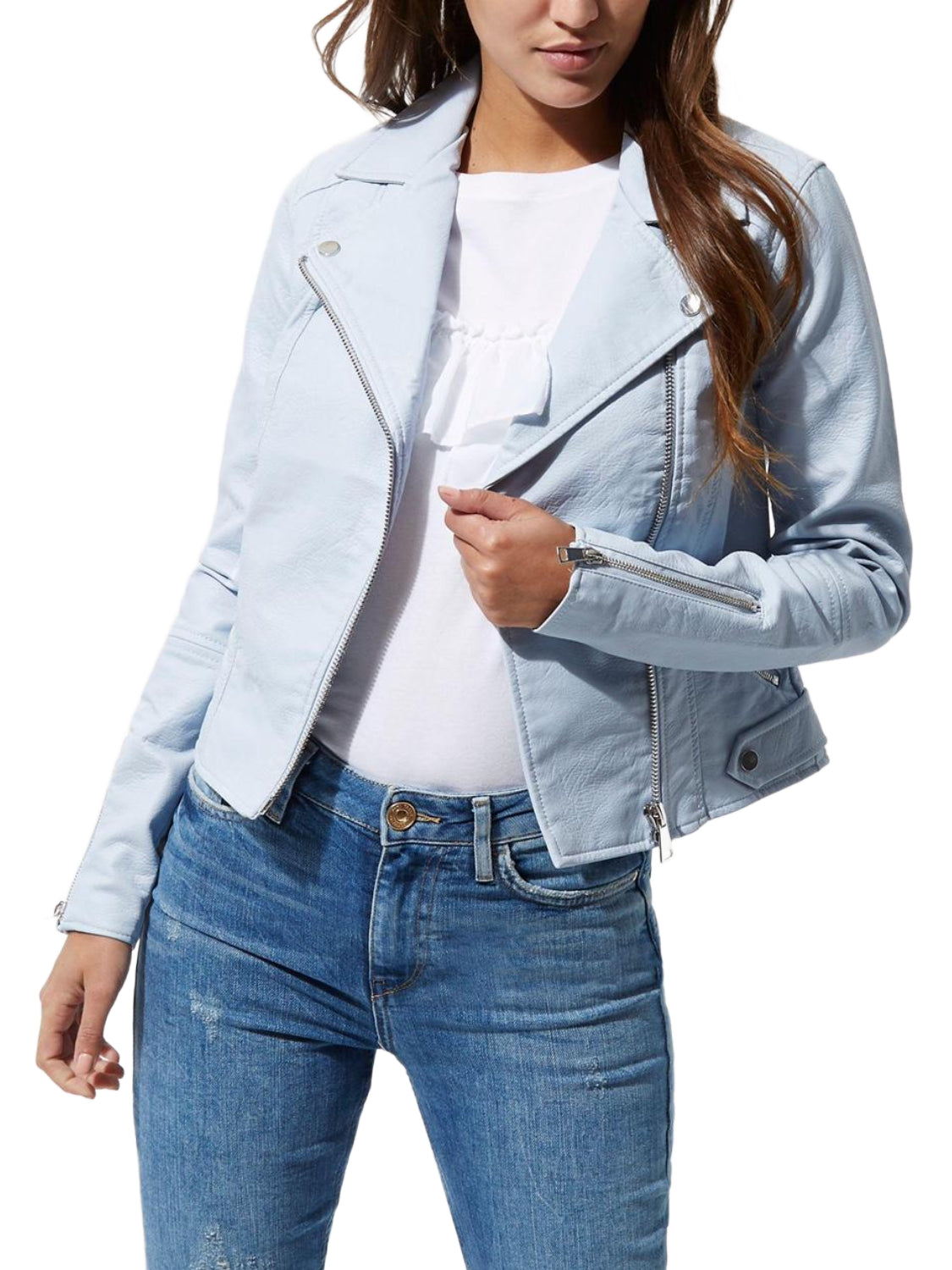 Asymmetrical Leather Jacket for Women | Light Blue Leather Biker Jacket