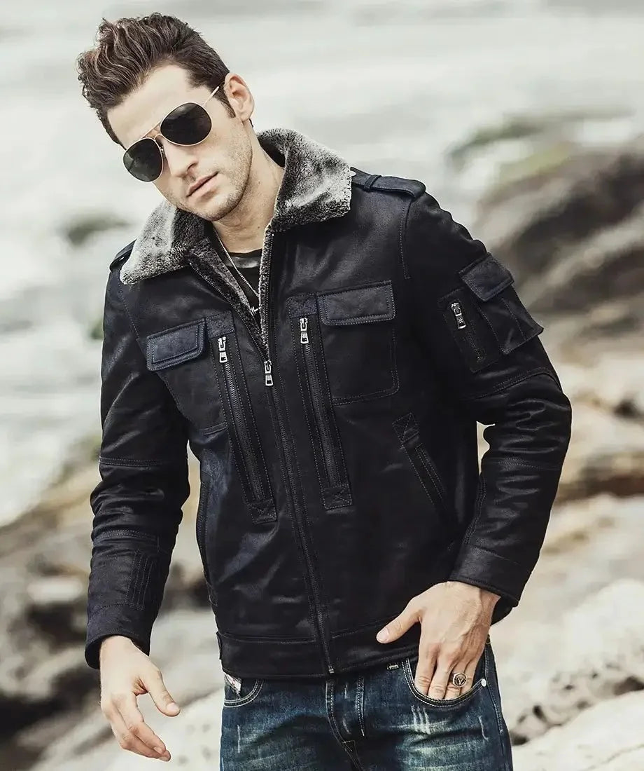 Black Leather Jacket With Fur Collar Men's | Sheepskin Leather Jacket