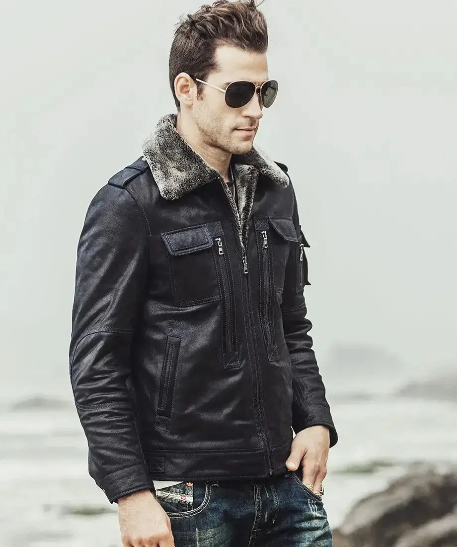 Black Leather Jacket With Fur Collar Men's | Sheepskin Leather Jacket