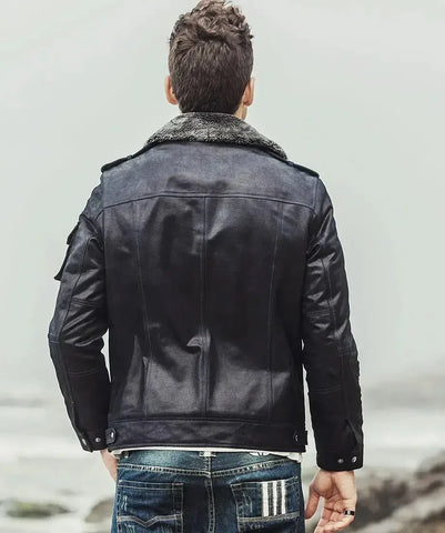 Black Leather Jacket With Fur Collar Men's | Sheepskin Leather Jacket