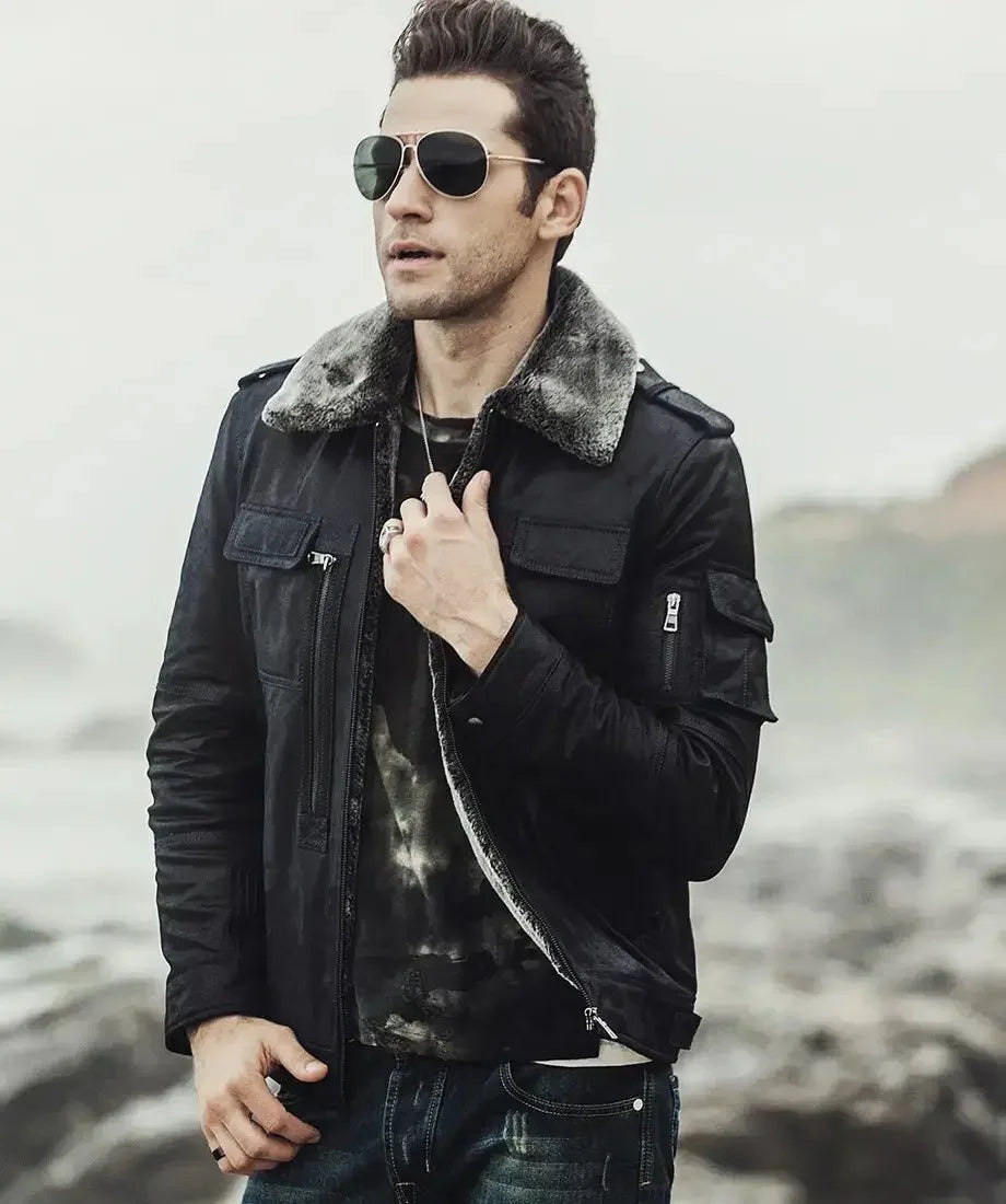 Black Leather Jacket With Fur Collar Men's | Sheepskin Leather Jacket