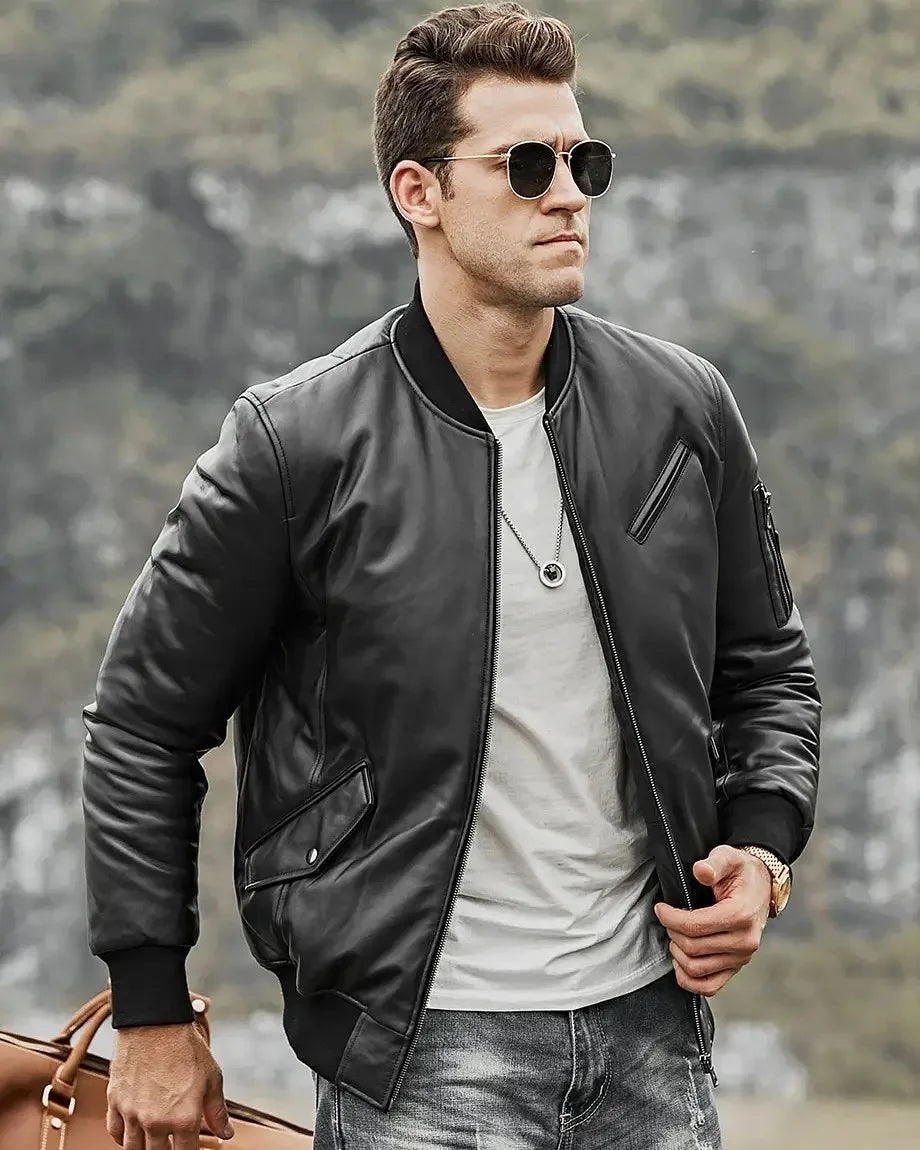 Men's Austin Black Bomber Jacket | Genuine Lambskin Real Leather Jacket