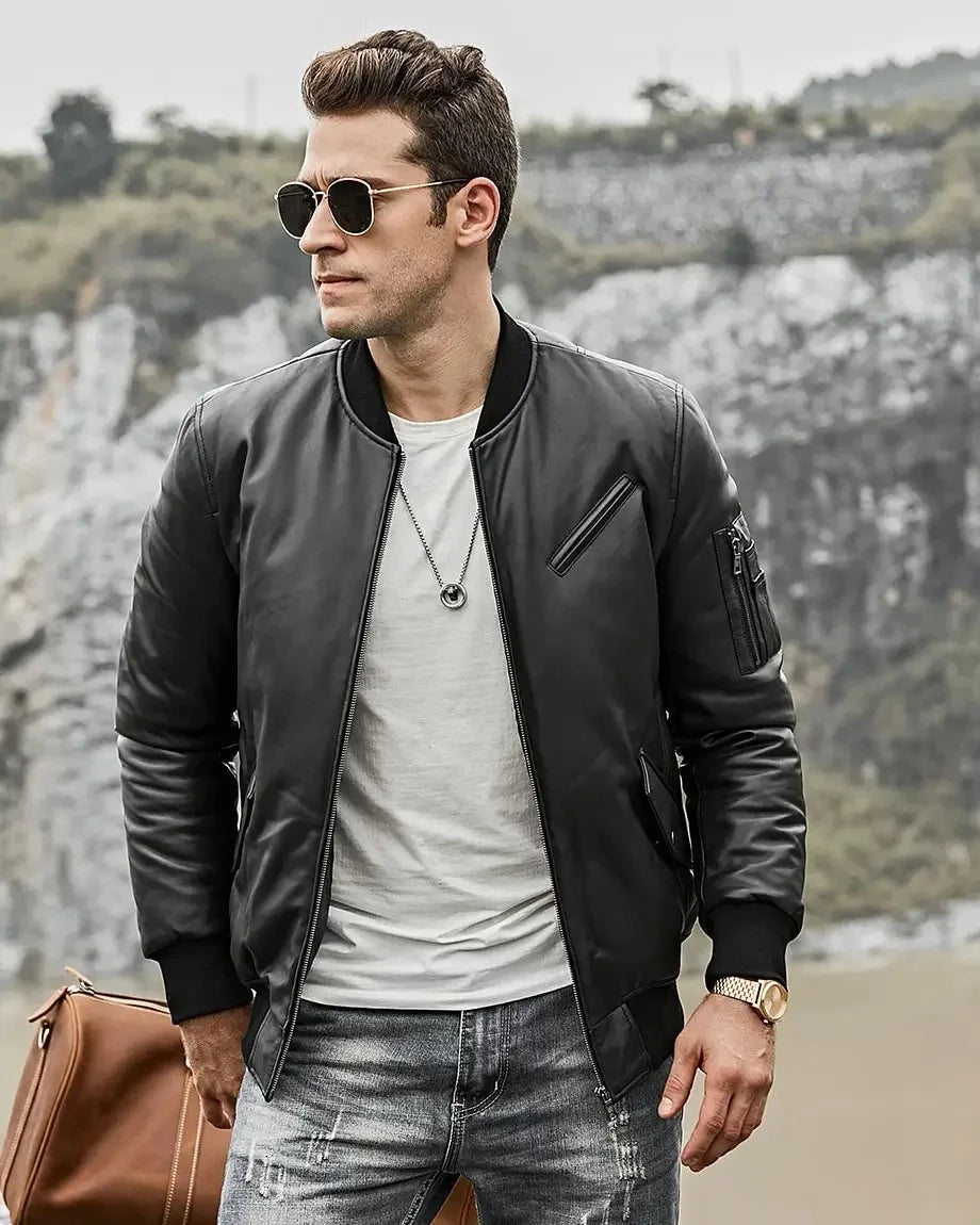 Men's Austin Black Bomber Jacket | Genuine Lambskin Real Leather Jacket