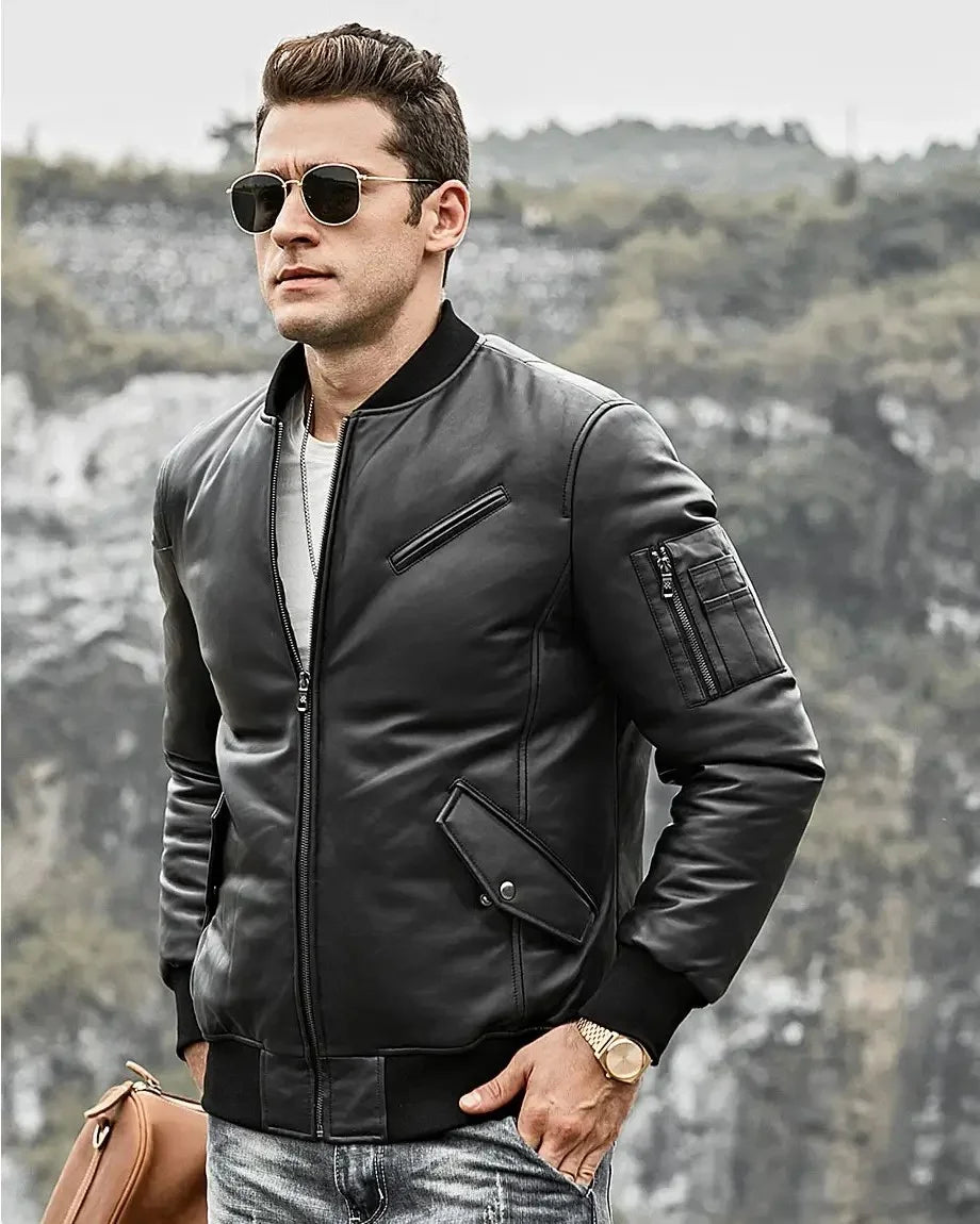 Men's Austin Black Bomber Jacket | Genuine Lambskin Real Leather Jacket