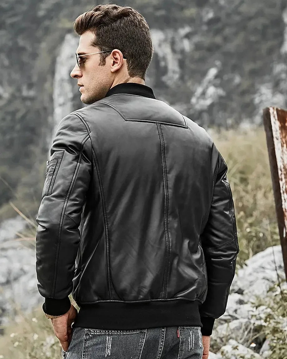 Men's Austin Black Bomber Jacket | Genuine Lambskin Real Leather Jacket