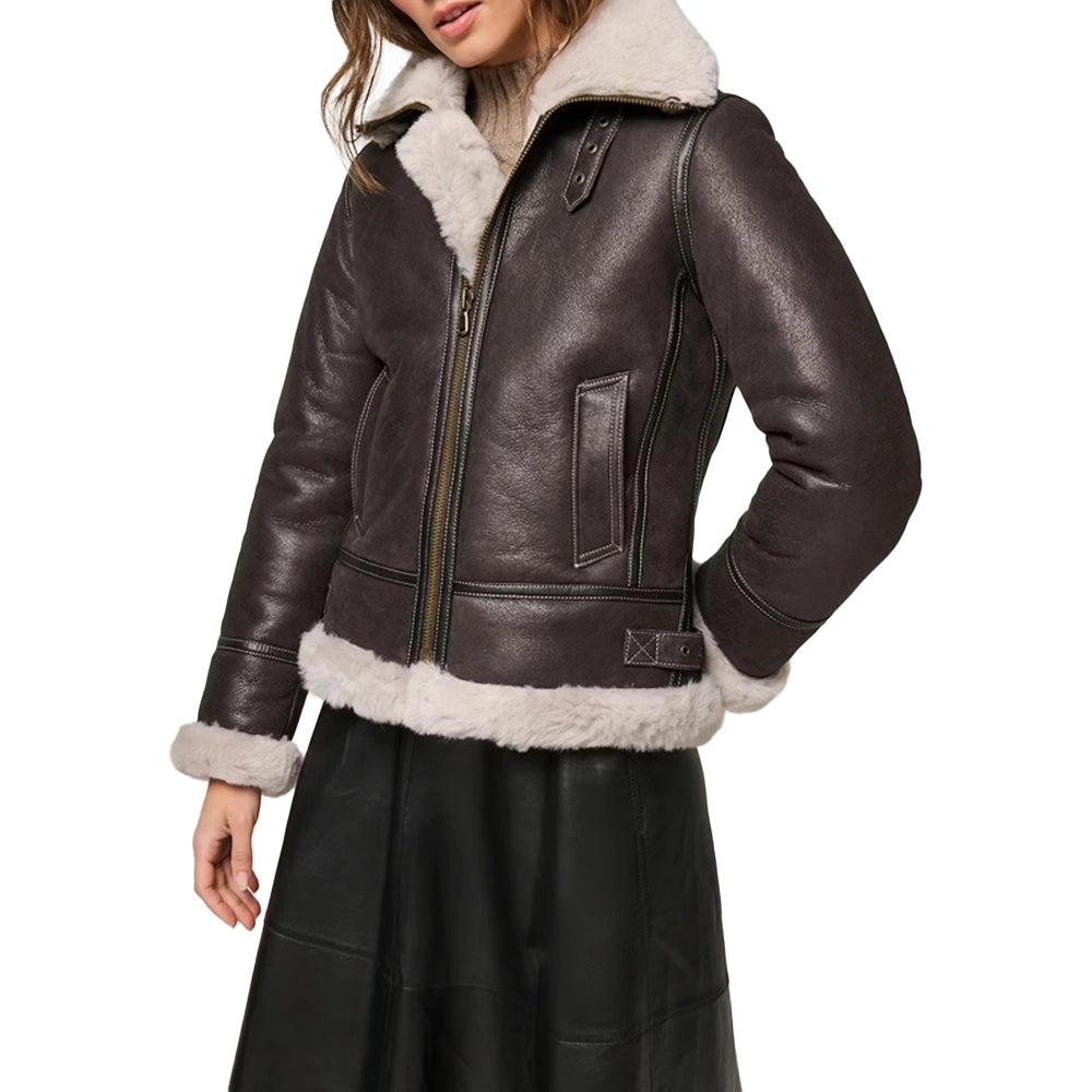 Leather Aviator Brown Shearling Jacket For Women