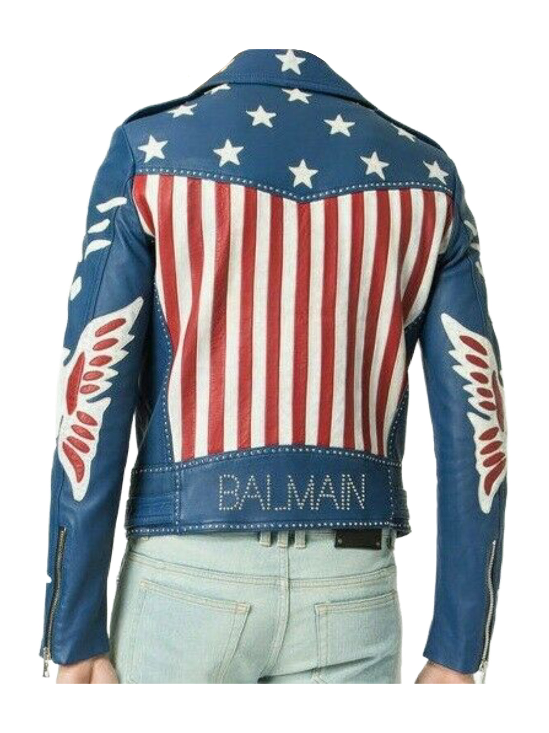 American Flag Blue Leather Jacket | Balmain Leather Jacket