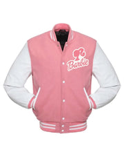 Pink Varsity barbie Jacket With White Leather Sleeves