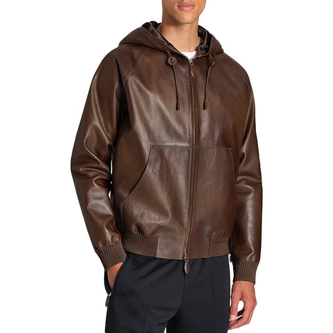 Street Wear Mens Leather Bomber Jacket | B-way Leather Hooded Jacket