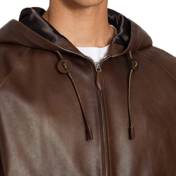Street Wear Mens Leather Bomber Jacket | B-way Leather Hooded Jacket