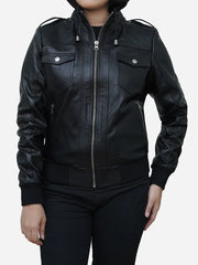 Classic Collared Black Leather Bomber Jacket Womens