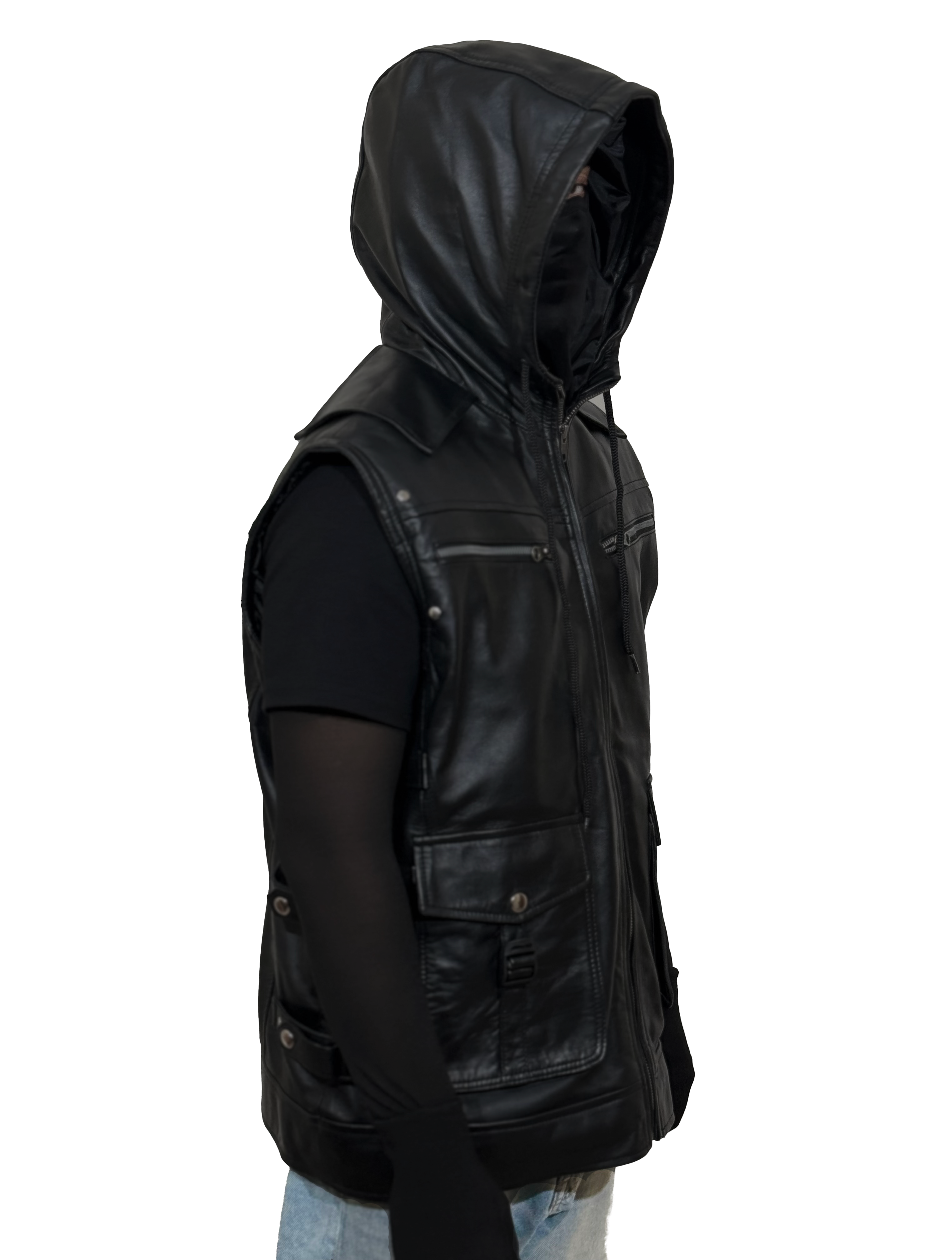 Black Hooded Leather Tactical Vest