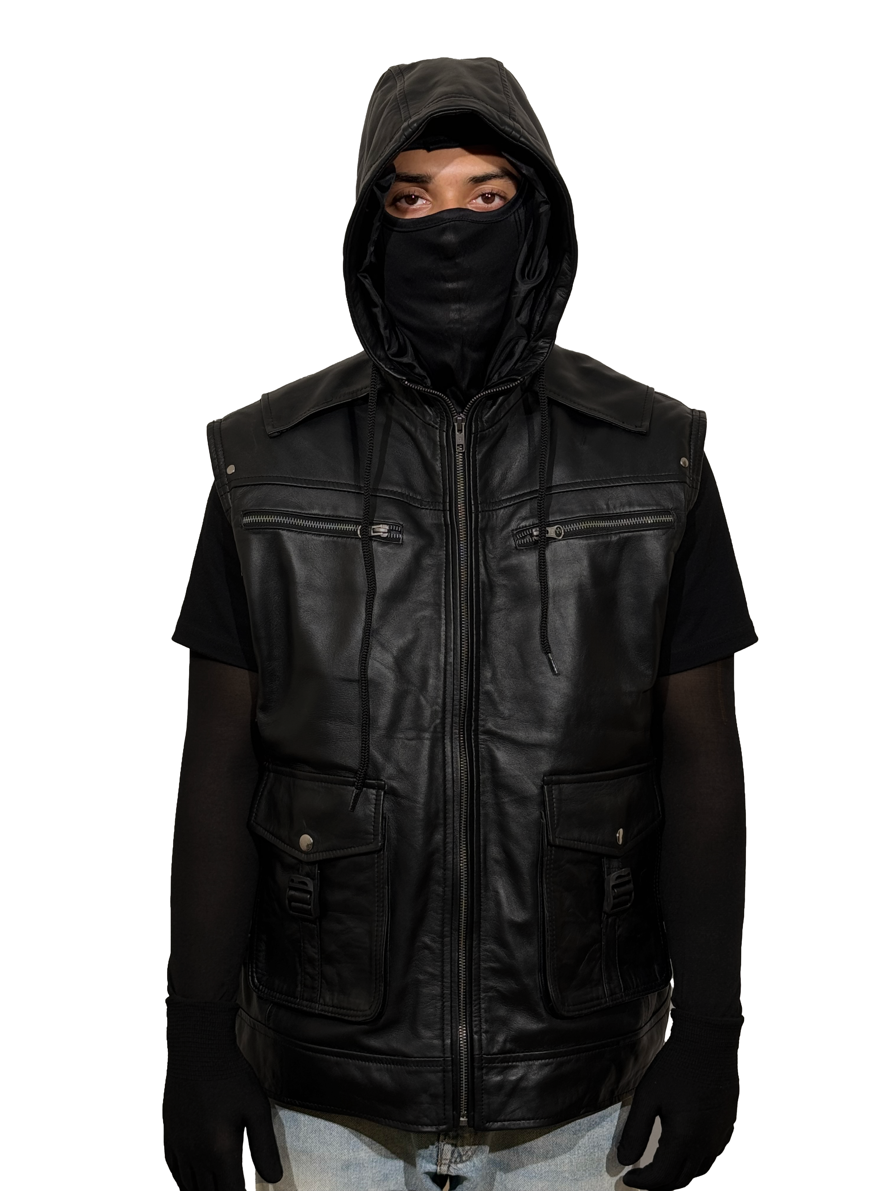 Black Hooded Leather Tactical Vest