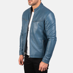 Men’s Blue Leather Cafe Racer Jacket