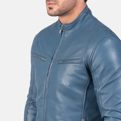 Men’s Blue Leather Cafe Racer Jacket