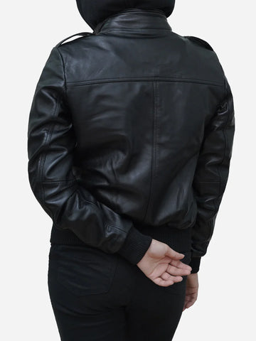 Classic Collared Black Leather Bomber Jacket Womens
